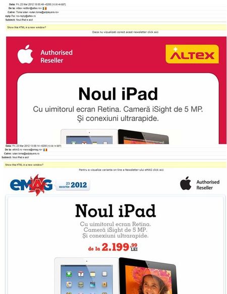 Emag vs Altex. Acelasi mesaj: �Noul iPad e aici". 