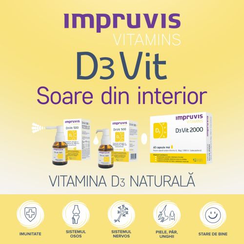 Deficitului de vitamina D3 afectează peste 60% din populația României. Impruvis recomanda administrarea Impruvis D3Vit chiar și vara.