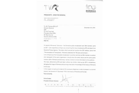 TVR solicita ZDF sa prezinte corect stirea despre Marea Unire a romanilor de la 1918